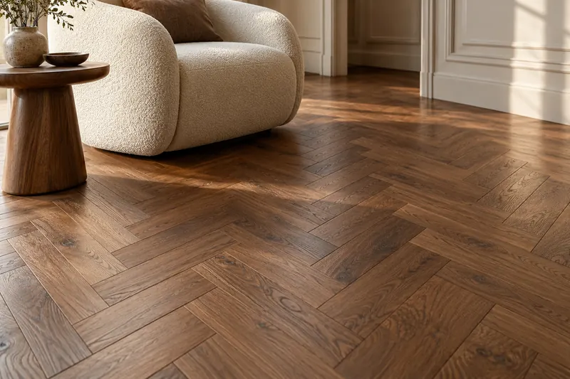Salon d’inspiration avec parquet en bois à bâtons rompus