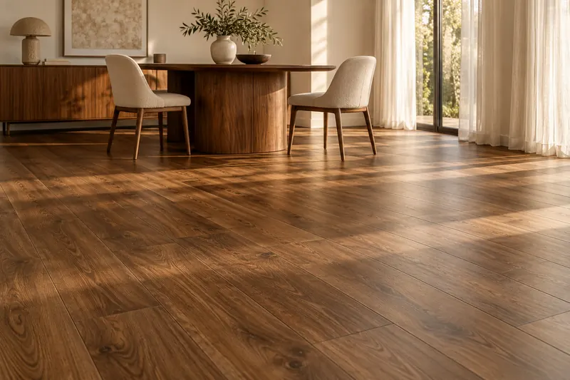 Salle à manger d’inspiration avec sol vinyle effet bois brun